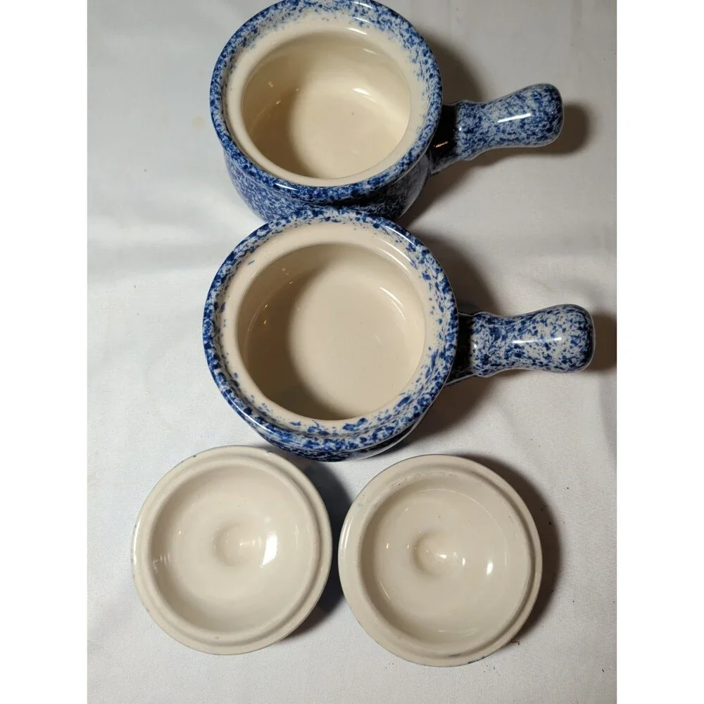 2 Vintage Stoneware Blue and White Splatterware or Spongeware lidded crock